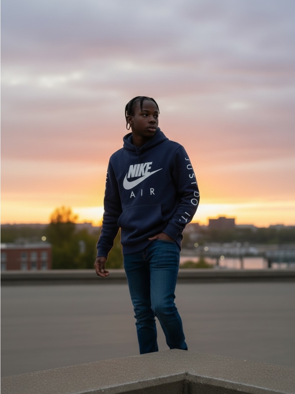 Nike Navy Blue Pullover Hoodie with White Nike Air Logo